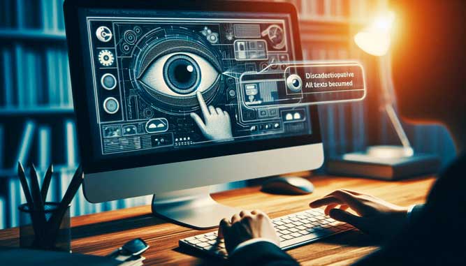 Persona utilizando lector de pantalla en ordenador con ejemplo resaltado de texto alternativo accesible.